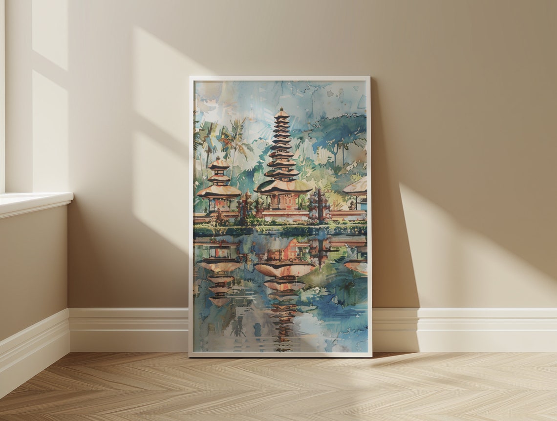Bali Temple Lake Reflection Soft Watercolor Travel Art Poster - Image 2