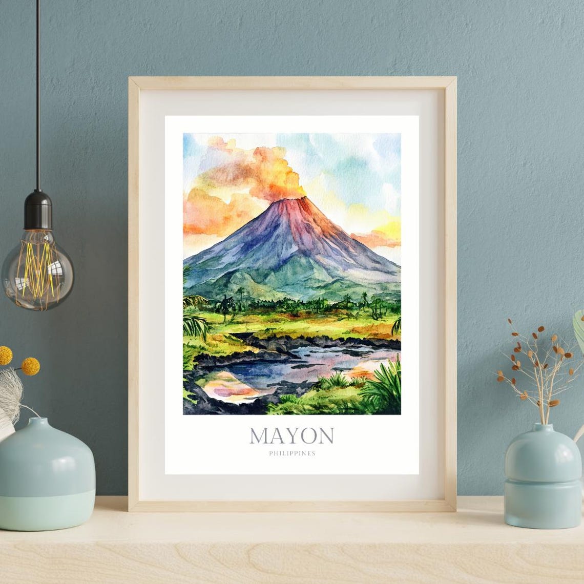 Mayon Volcano Philippines Dramatic Sunset Eruption Watercolor Poster - Image 2