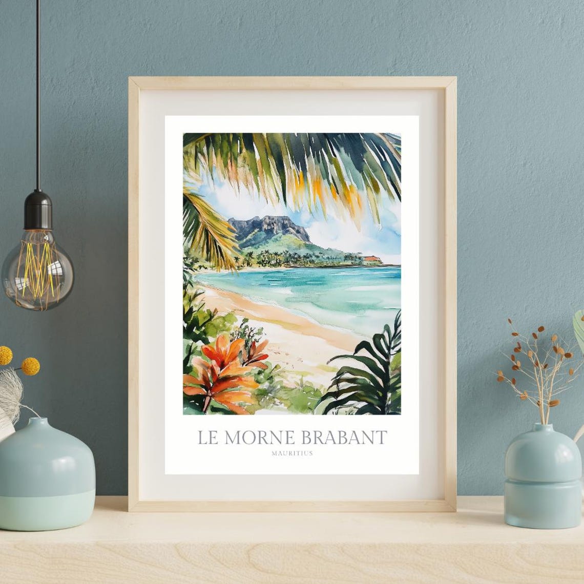 Le Morne Brabant Mauritius Beach Mountain Watercolor Travel Poster - Image 2