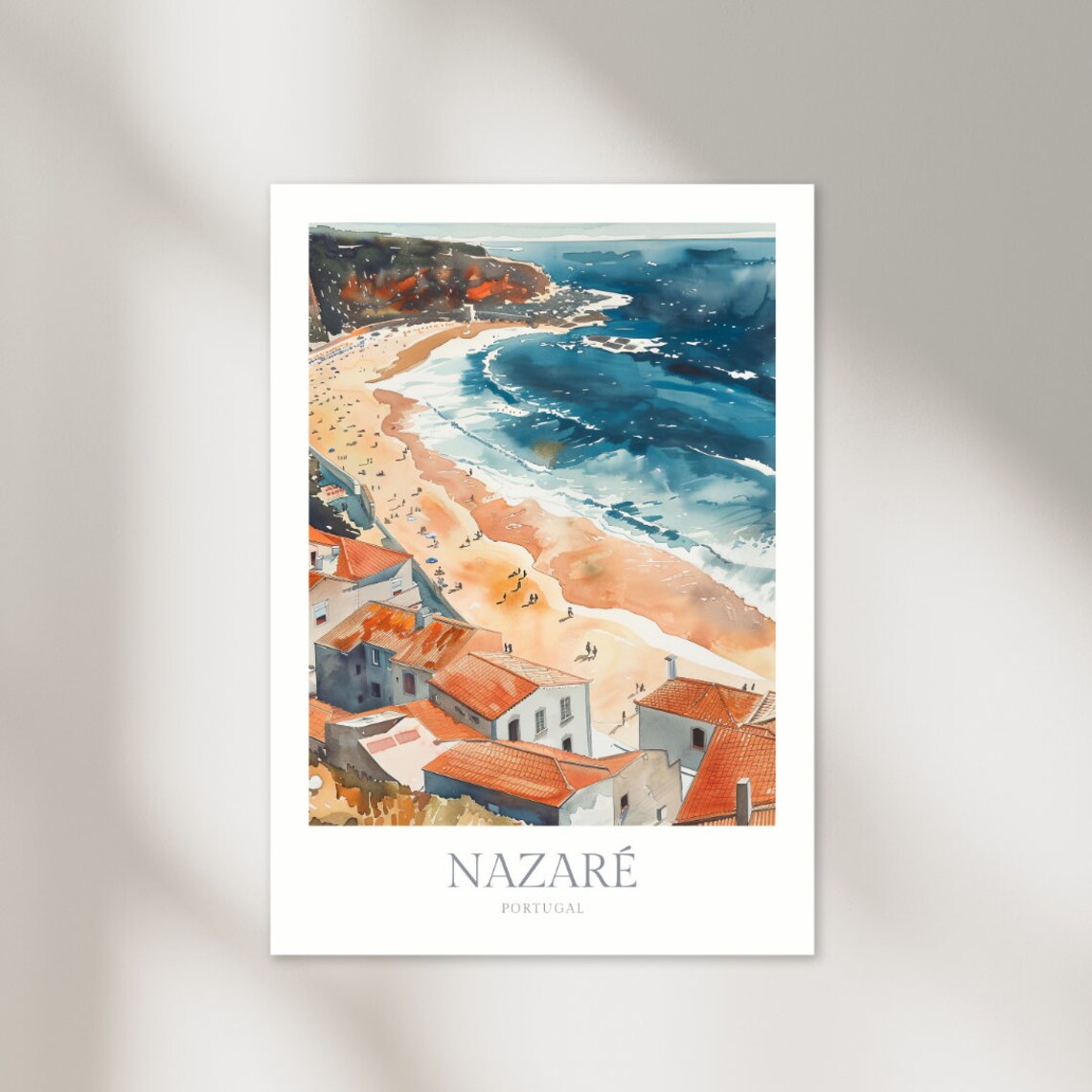 Nazare Portugal Watercolor Aerial Beach Town Ocean View Poster