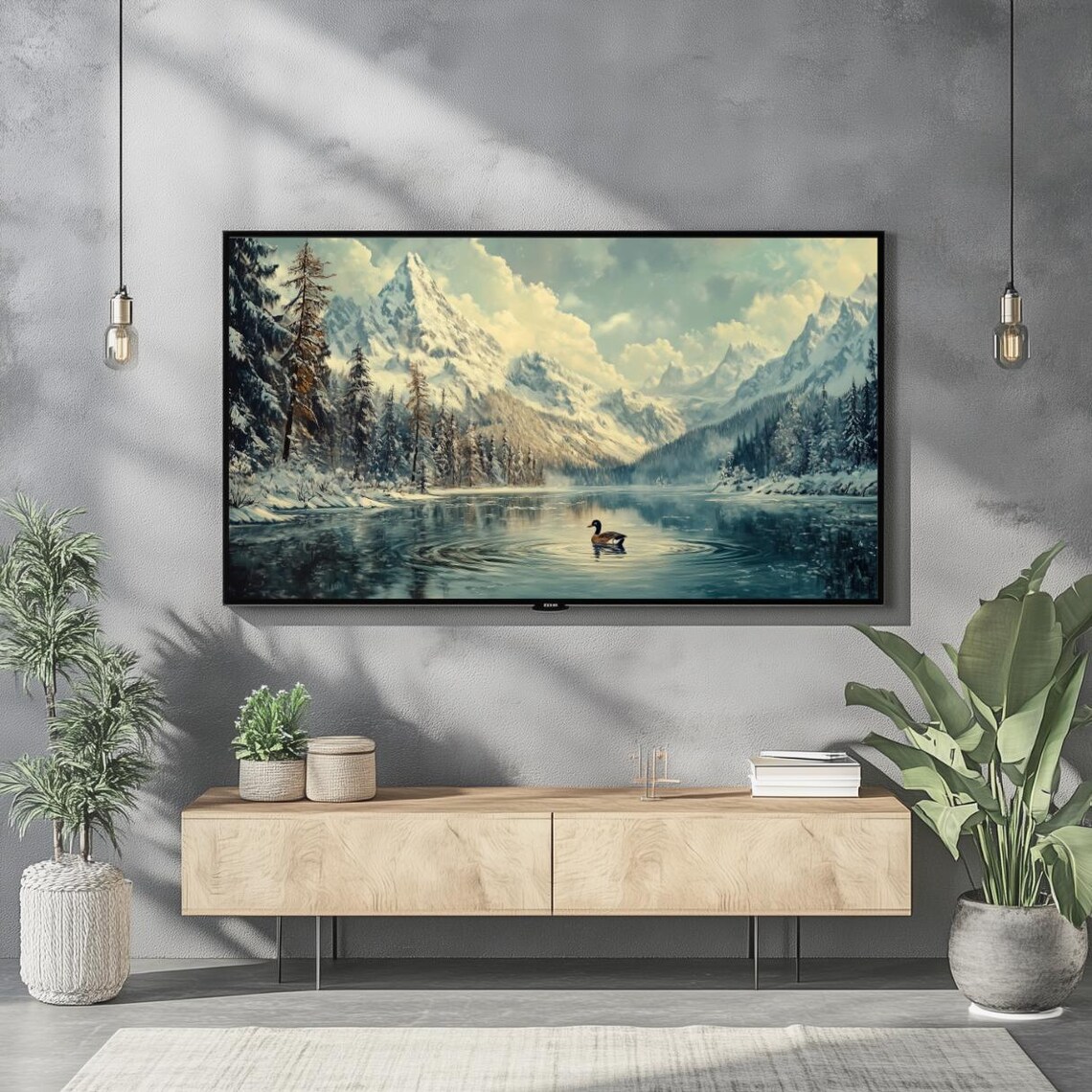 Winter Duck Alpine Lake Snowy Mountains Vintage Oil Painting Poster - Image 2