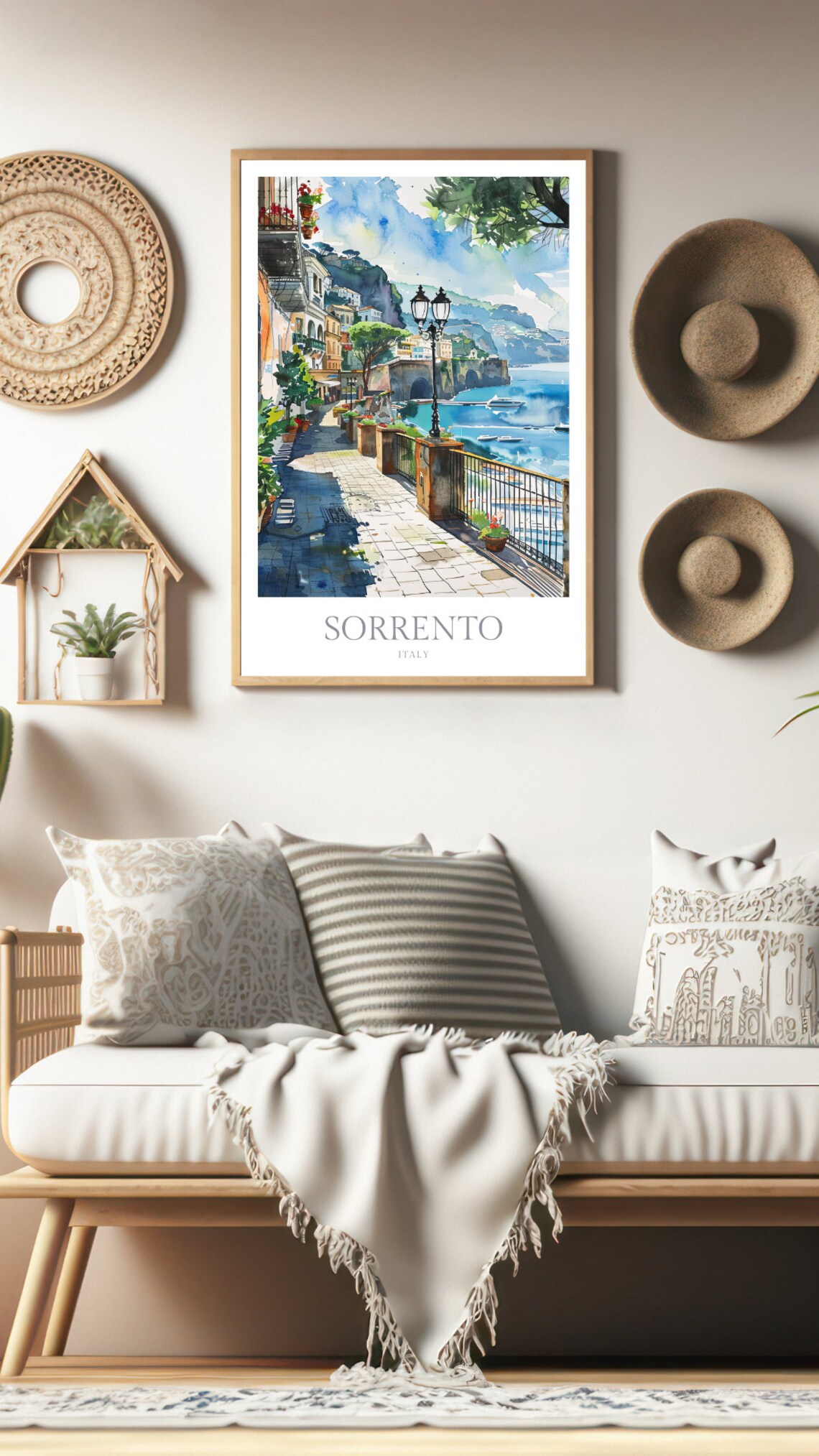Sorrento Italy Watercolor Seaside Promenade Lamps Sea View Poster - Image 2