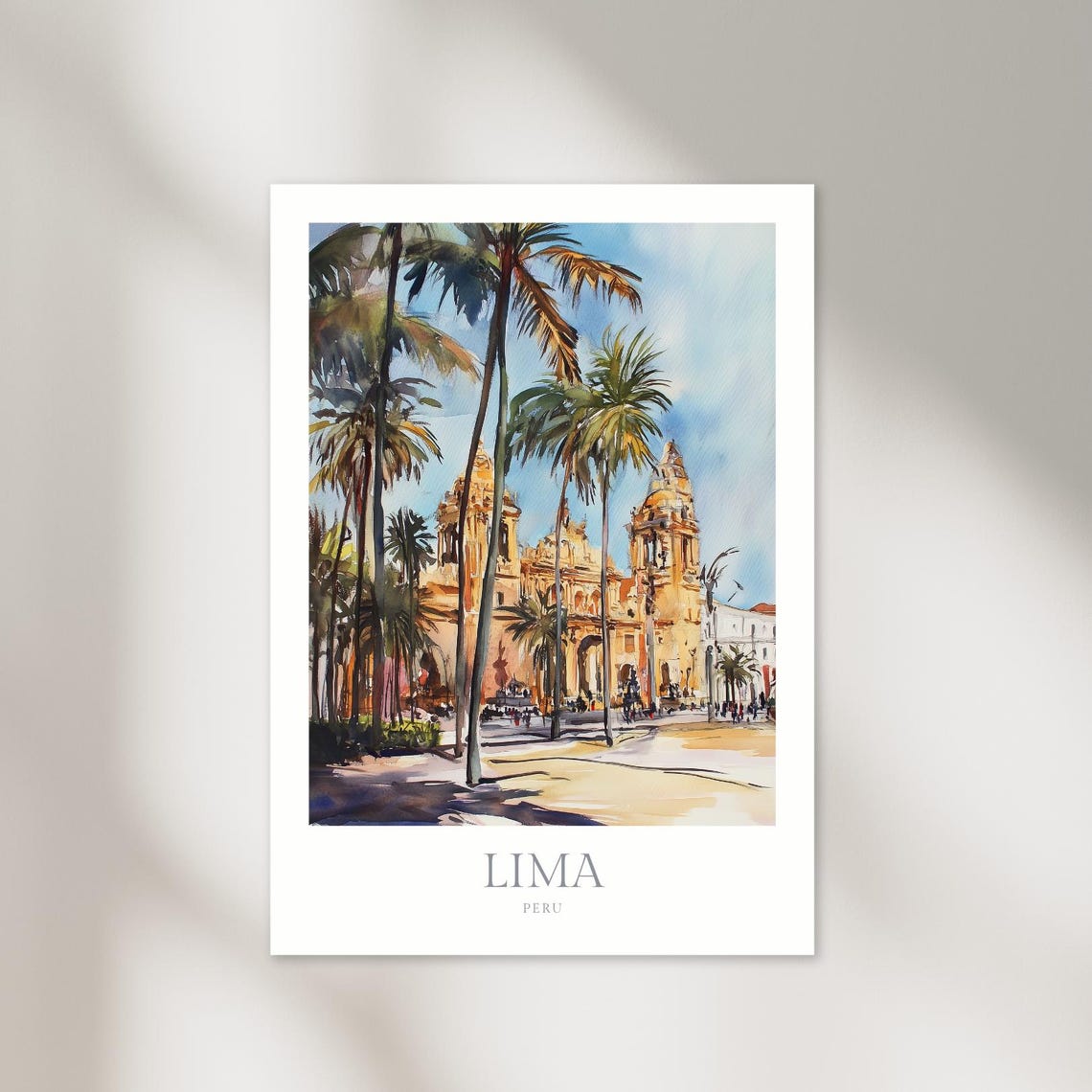 Lima Peru Cathedral Plaza Palm Trees Sunny Watercolor Travel Poster