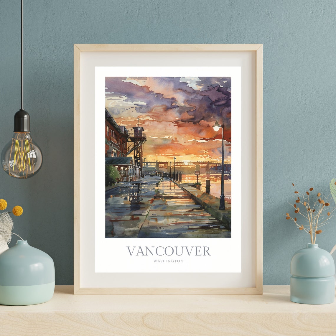 Vancouver Washington Waterfront Sunset Watercolor Bridge Poster - Image 2