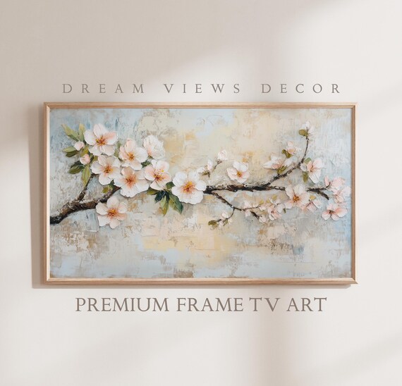 Cherry Blossom Branch Textured Oil Painting Spring Botanical Frame TV Poster