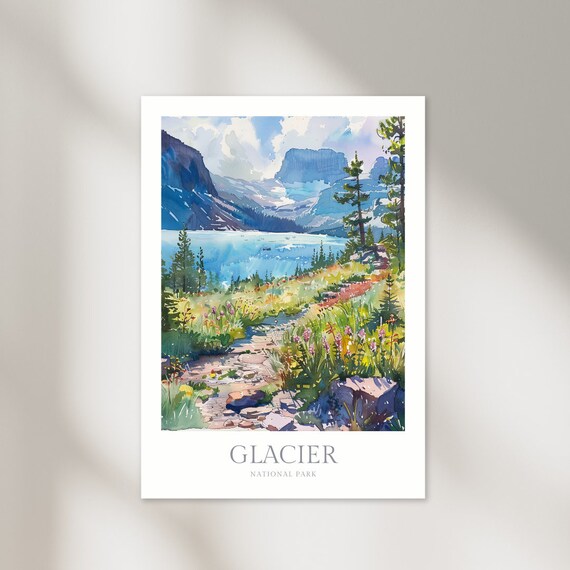 Glacier National Park Alpine Lake Wildflowers Watercolor Poster