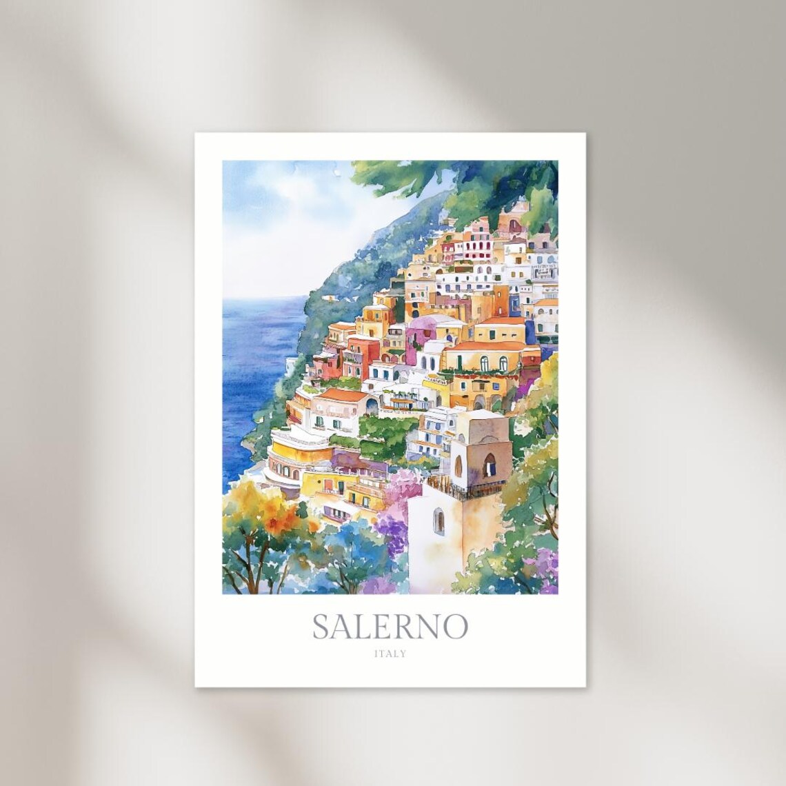 Salerno Italy Colorful Cliffside Coastal Town Watercolor Poster