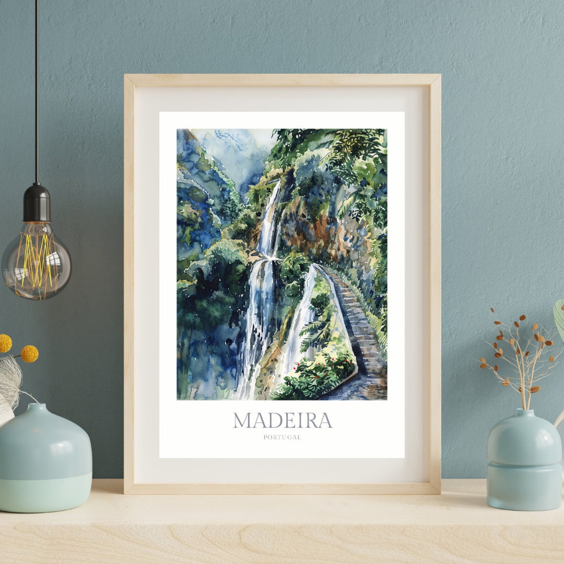 Madeira Portugal Lush Waterfall Cliff Garden Watercolor Travel Poster - Image 2