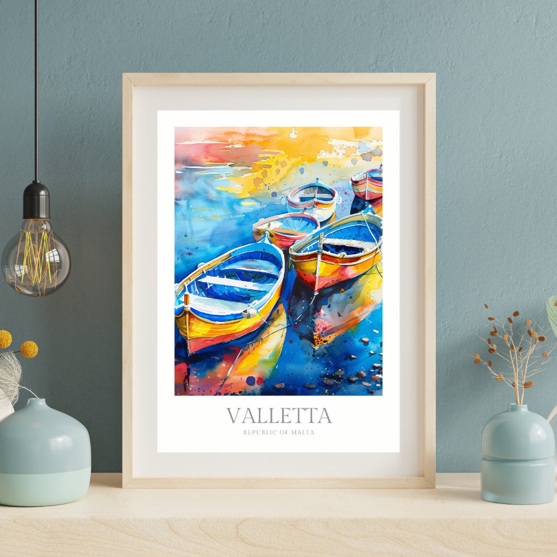 Valletta Malta Colorful Fishing Boats Watercolor Travel Poster - Image 2