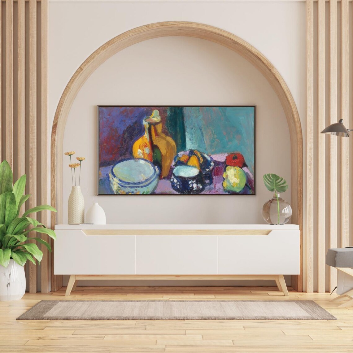 Colorful Fauvist Still Life Bottle Fruit Bowls Modern Painting Print - Image 2