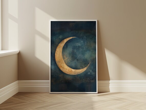 Golden Crescent Moon Dark Indigo Starry Night Sky Celestial Poster Art