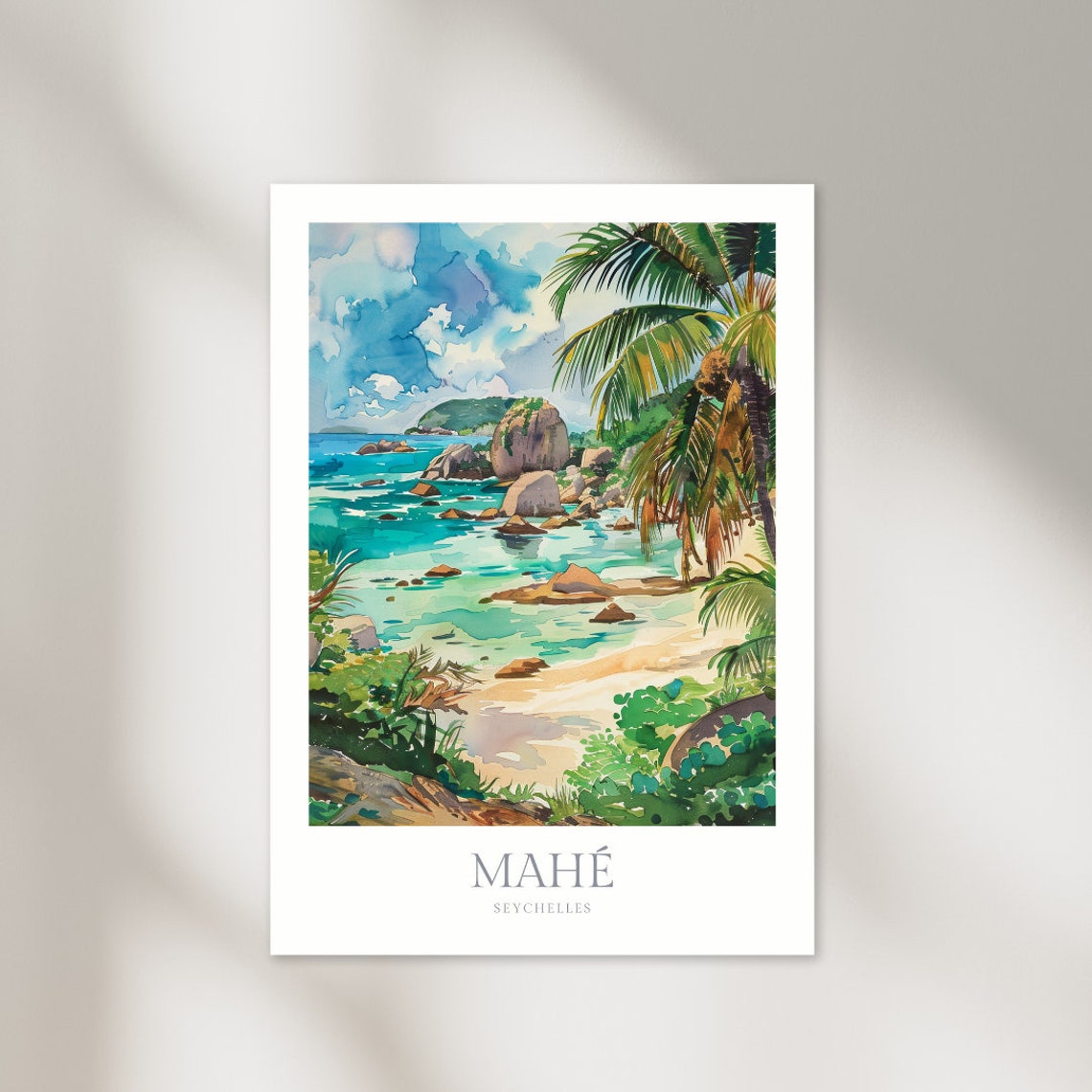 Mahe Seychelles Granite Rocks Palm Beach Tropical Watercolor Poster