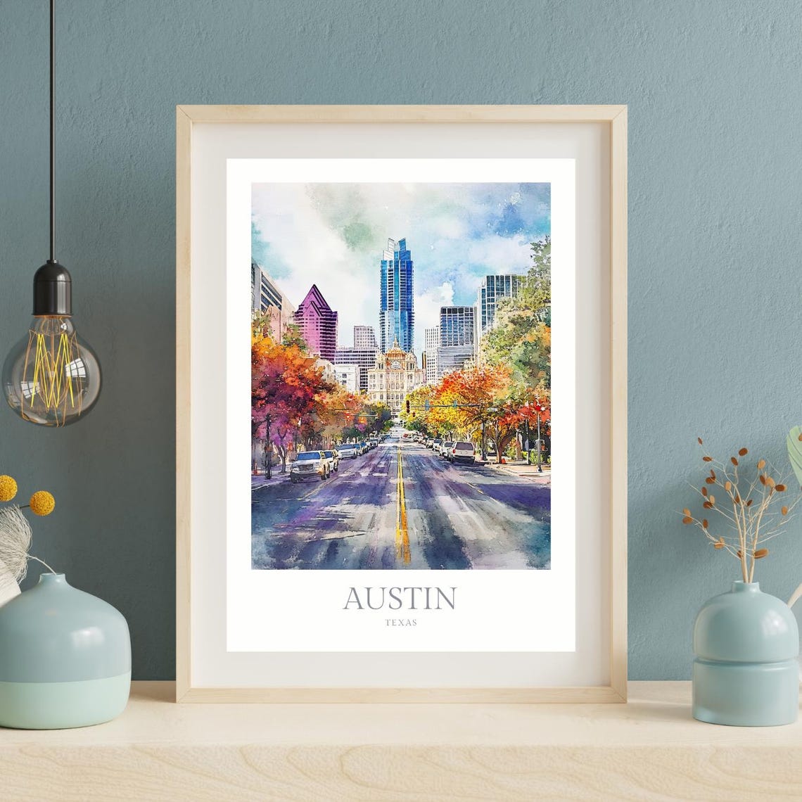 Austin Texas Watercolor Downtown Skyline Cityscape Travel Poster - Image 2