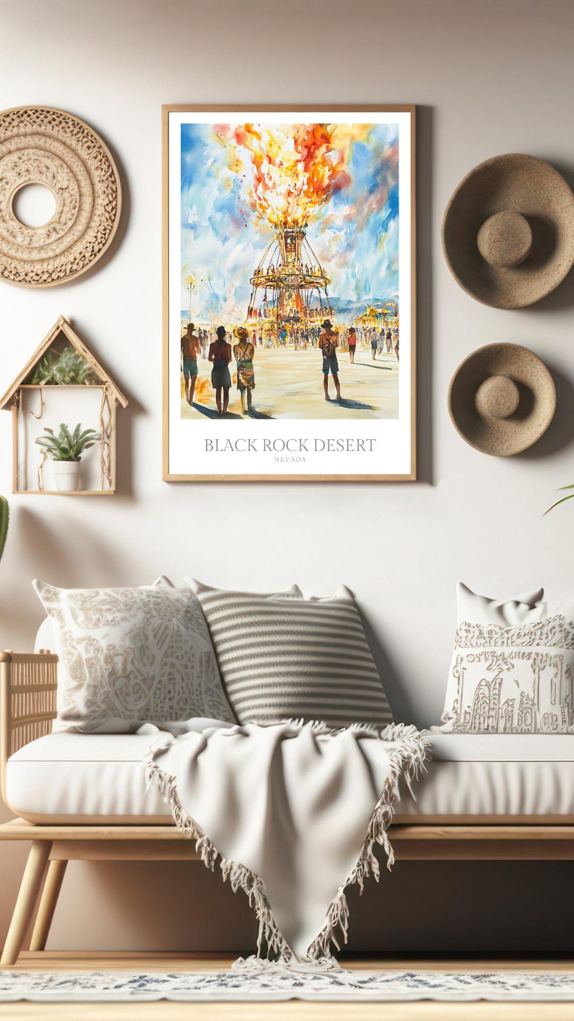 Black Rock Desert Nevada Burning Man Effigy Fire Watercolor Poster - Image 2