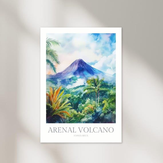Arenal Volcano Costa Rica Watercolor Poster, Travel Art