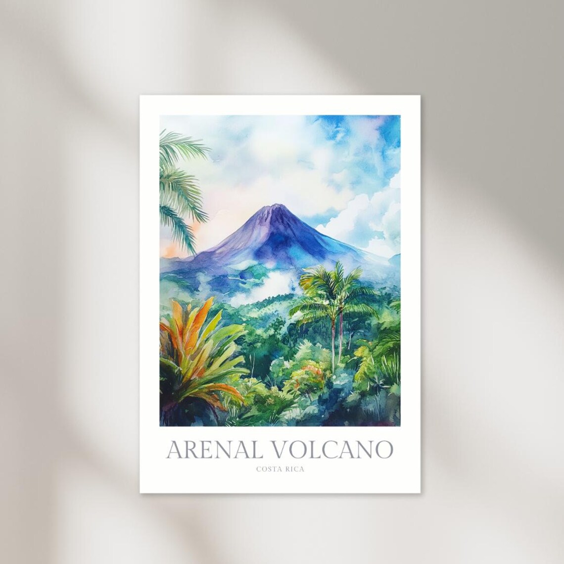 Arenal Volcano Costa Rica Watercolor Poster, Travel Art