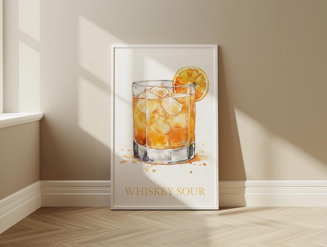Whiskey Sour Watercolor Cocktail Poster Orange Slice Bar Cart Decor - Image 3