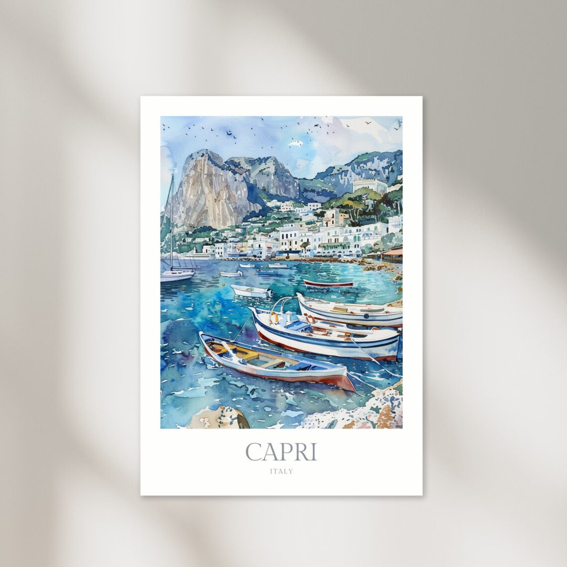 Capri Italy Watercolor Travel Poster, Campania
