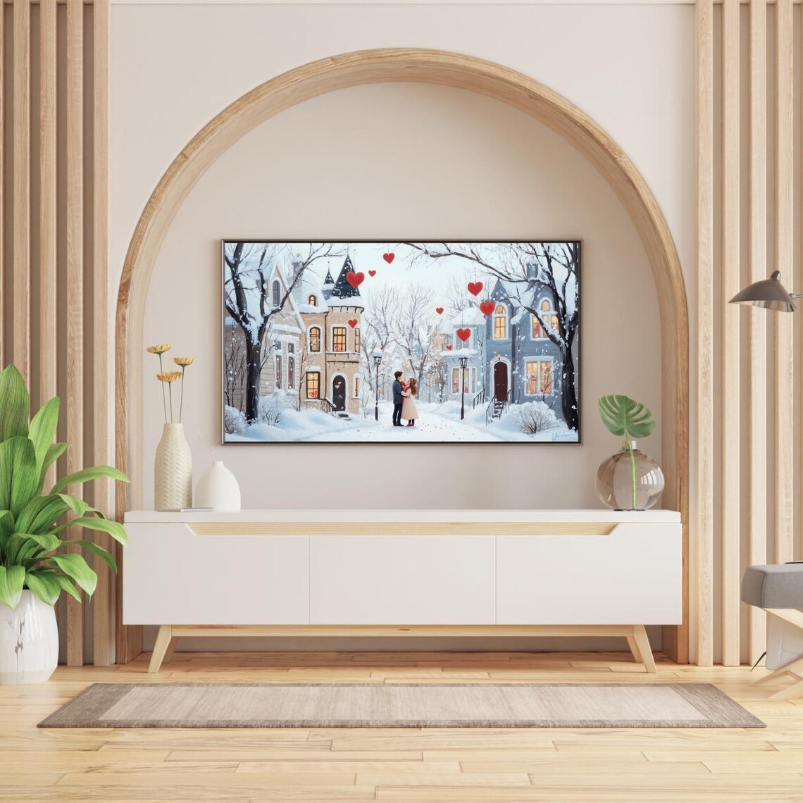 Valentine Couple Snowy Street Floating Hearts Winter Love Art Poster - Image 2