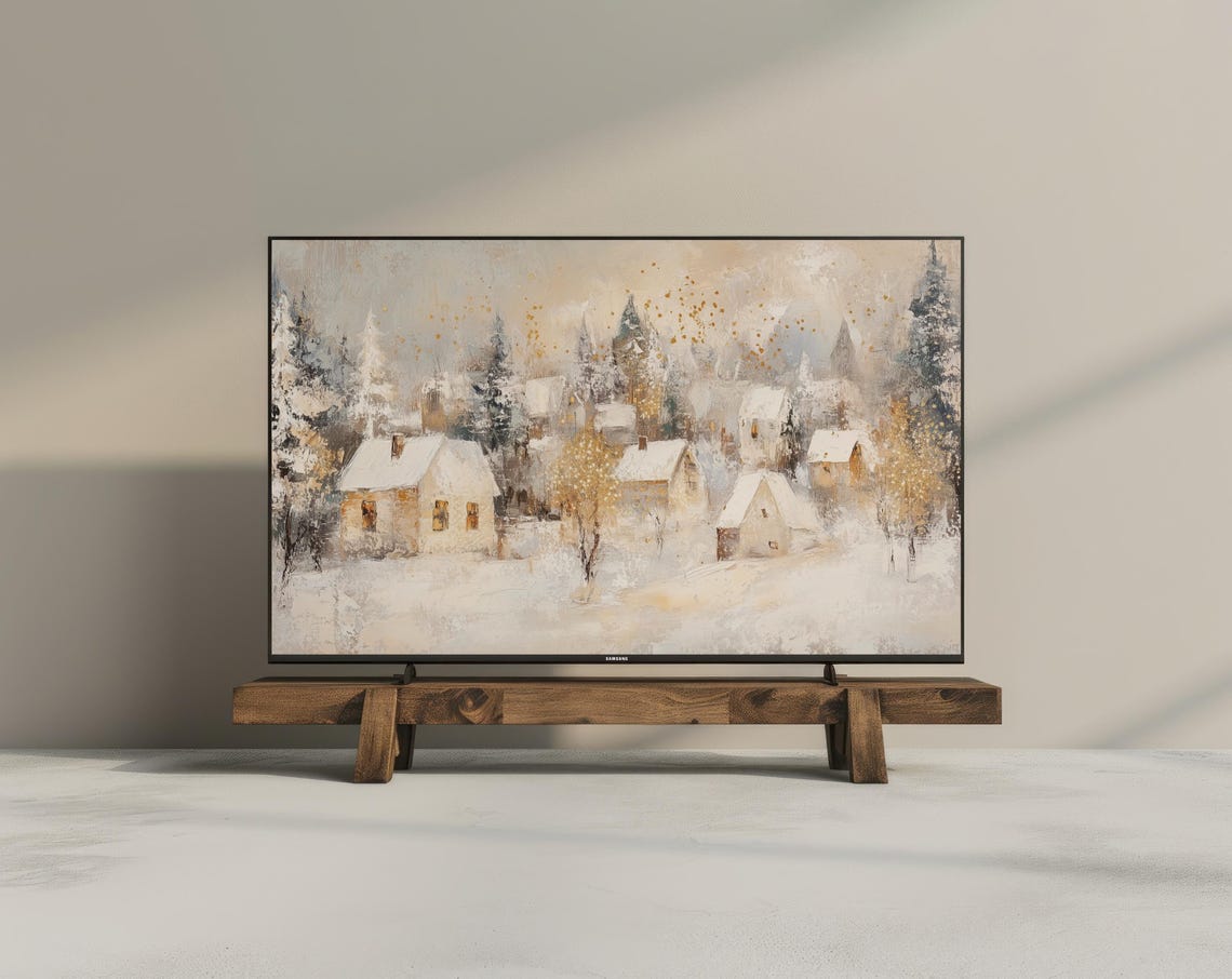 White And Gold Snowy Village Glowing Windows Christmas Frame TV Poster - Image 3