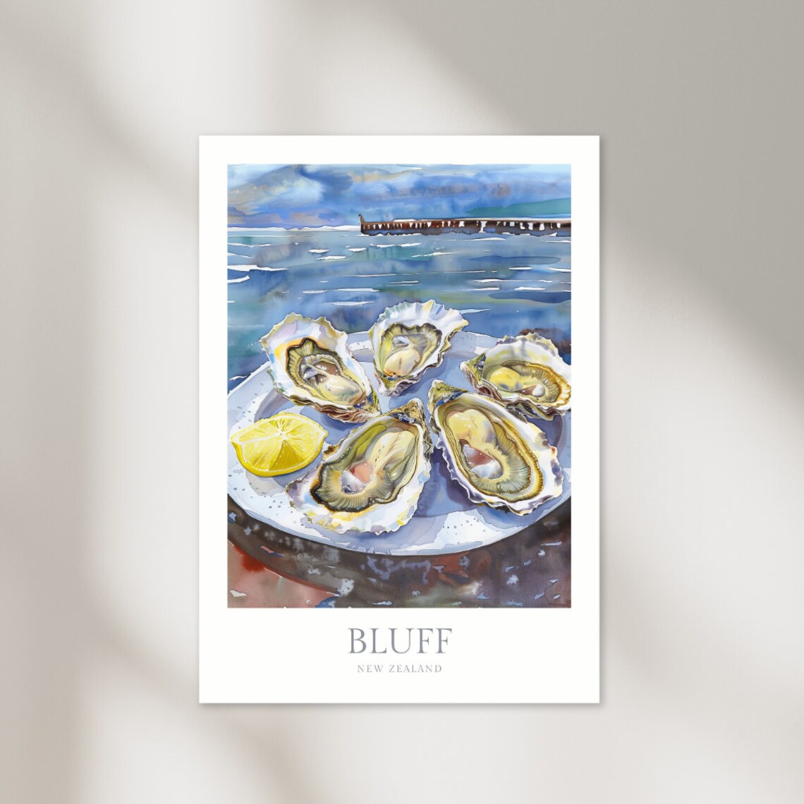Bluff New Zealand Oyster Plate Watercolor Seafood Art Poster