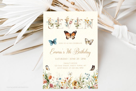 Wildflower 7th Birthday Invitation Template Butterflies Seventh Birthday Invitation Girls Birthday Flower Invitation Meadow Flowers