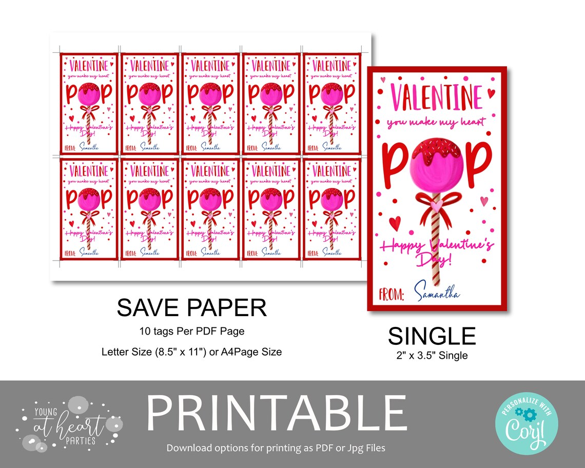 Valentine You Make My Heart Pop Lollipop Candy Gift Tag Art Print - Image 2