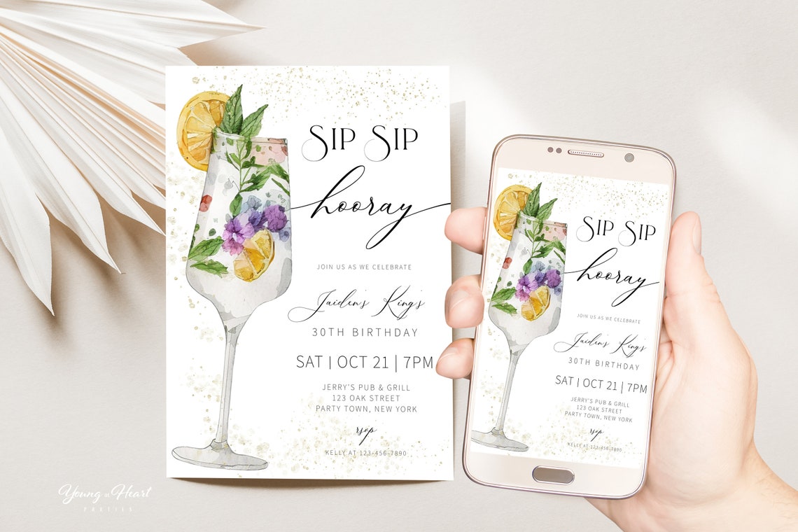 Sip Sip Hooray 30th Birthday Cocktail Party Invitation Template Print - Image 5