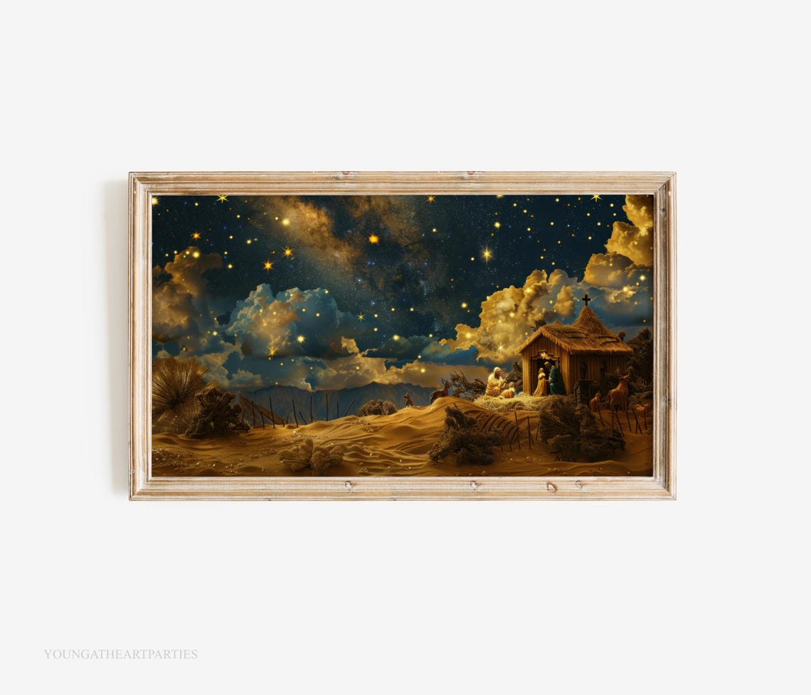 Golden Starry Night Nativity Scene Christmas Frame TV Wall Art