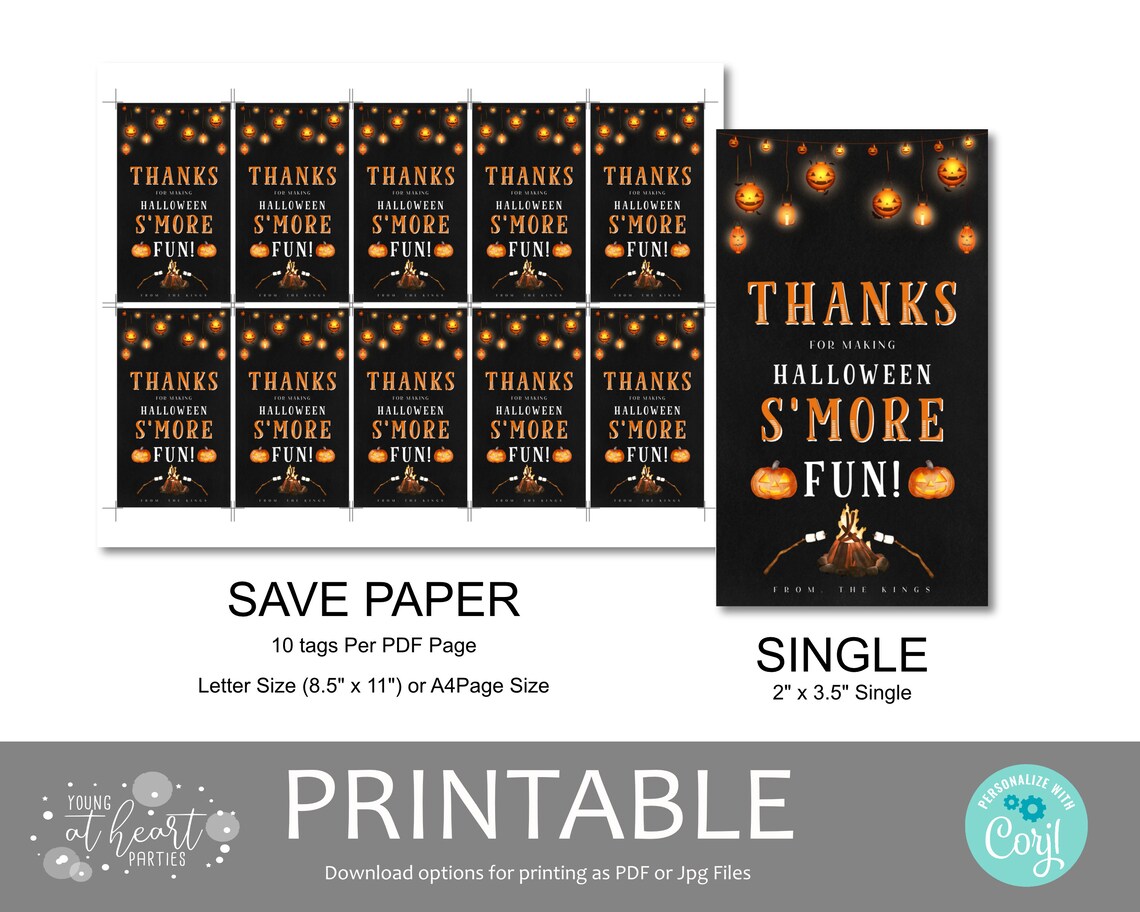 Halloween Smores Thank You Favor Tag Bonfire Pumpkin Party Print - Image 2