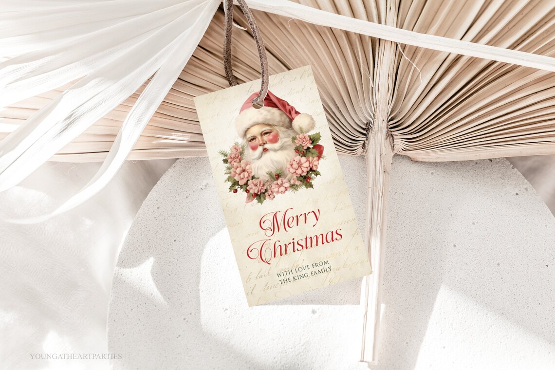 Vintage Santa Face Pink Floral Merry Christmas Gift Tag Holiday Print - Image 5