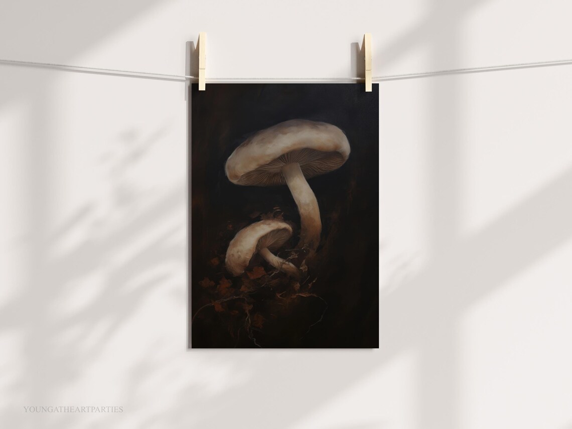 Vintage Moody Mushroom Oil Painting Dark Botanical Forest Wall Art - Image 2