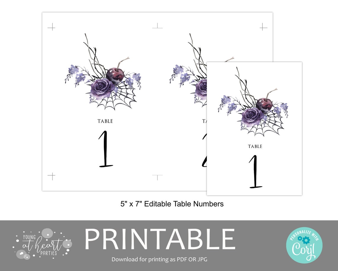 Halloween Plum Floral Table Number Card One Wedding Decor Print - Image 2
