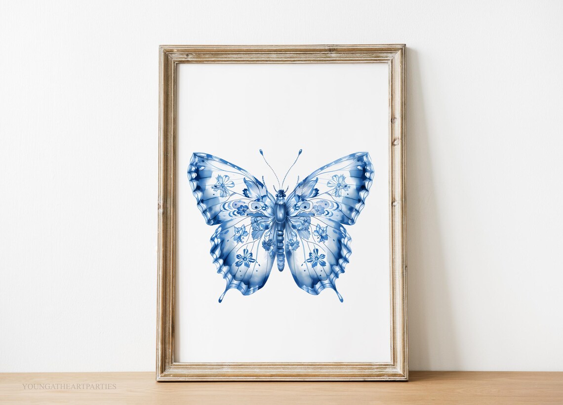 Blue White Chinoiserie Floral Butterfly Watercolor Art Print - Image 4