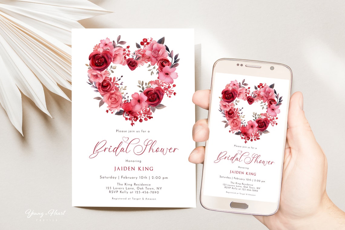 Red Pink Floral Heart Bridal Shower Valentines Invitation Print - Image 5