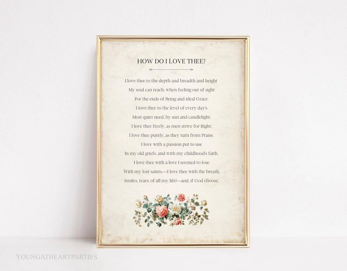 How Do I Love Thee Poem with Floral Wreath Literary Wall Art - Image 4