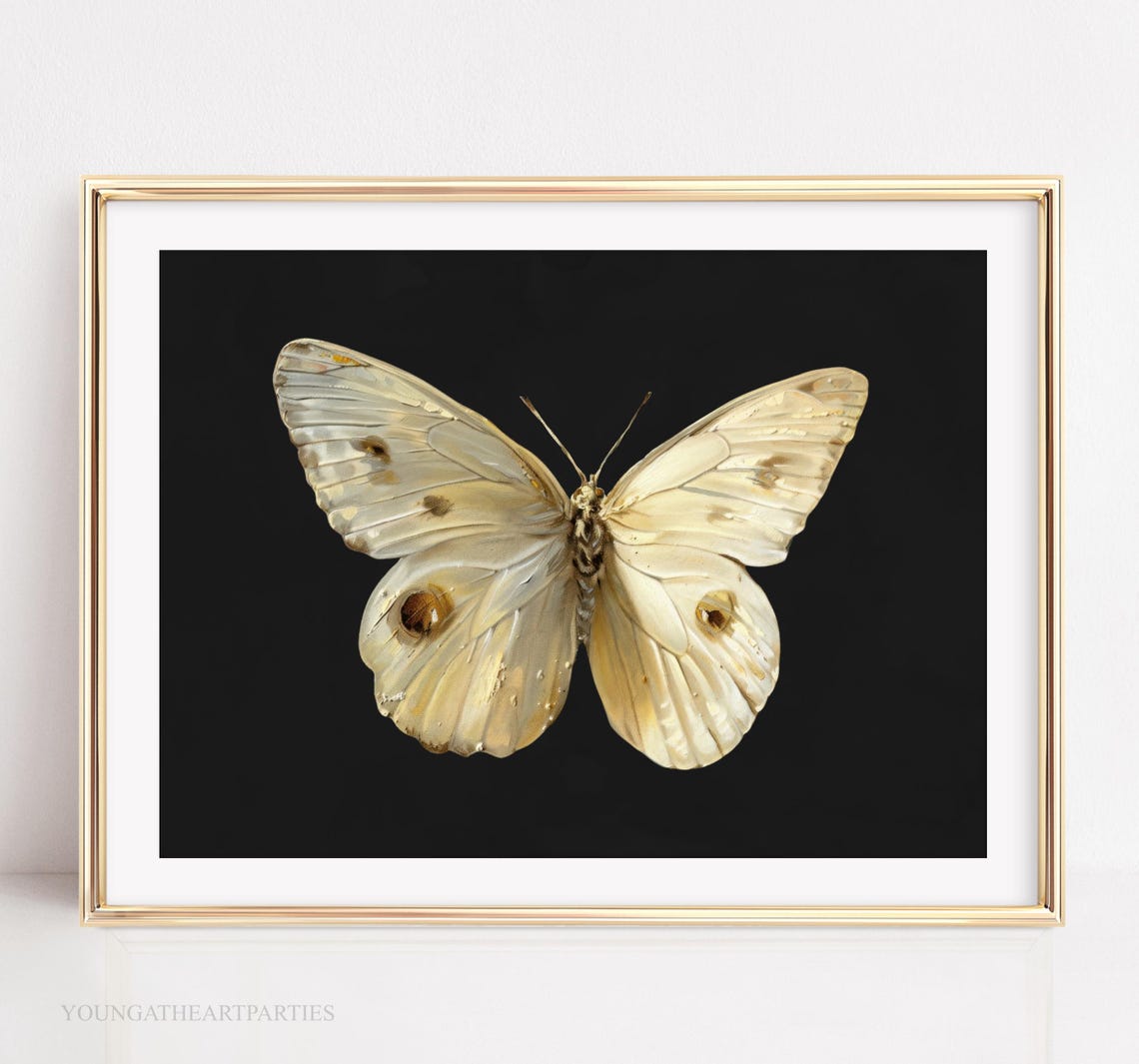 White Moth on Black Moody Insect Gold Frame Vintage Wall Art - Image 6