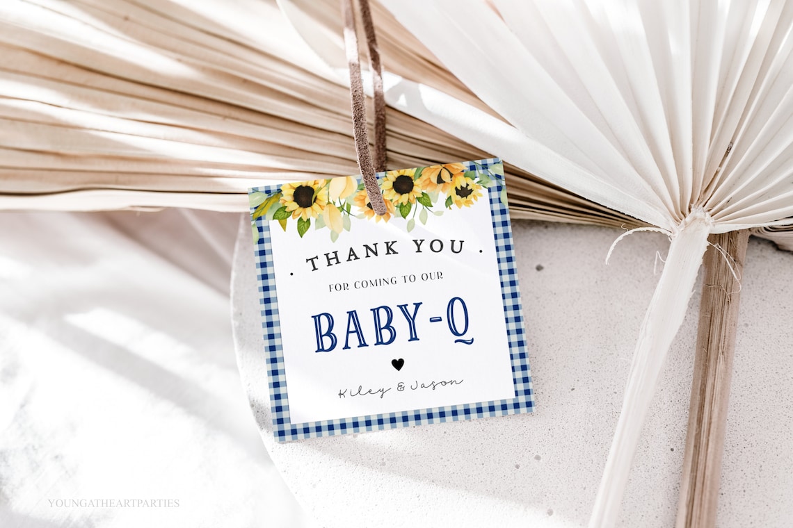 Navy Blue Baby Q Favor Tag Gingham Sunflower BBQ Shower Print