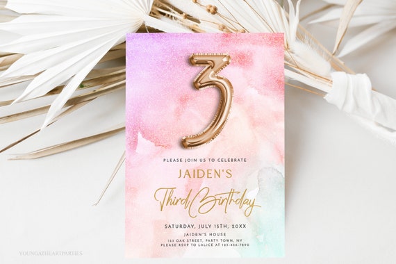 Rainbow Pastel 3rd Birthday Invitation Template Rainbow Sky Watercolor Third Birthday Invite Gold Foil Girls Third Birthday Invitation