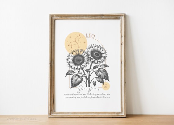 Leo Zodiac Sunflower Birth Flower Art With Constellation Poster