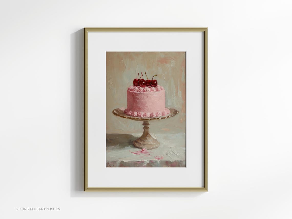 Pink Cherry Cake Oil Painting Coquette Bakery Kitchen Art Print - Image 4