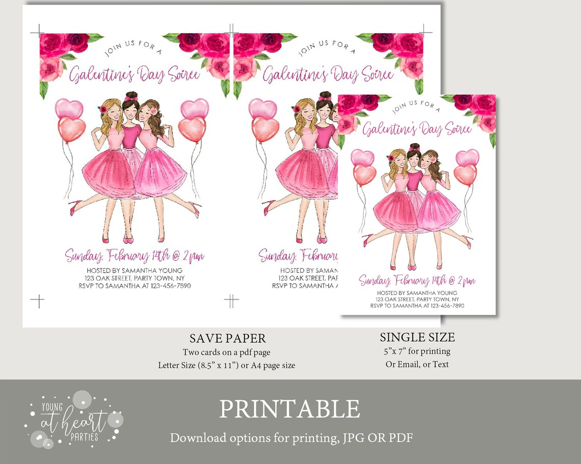 Galentine's Day Soiree Pink Dress Friends Balloons Invitation Print - Image 2