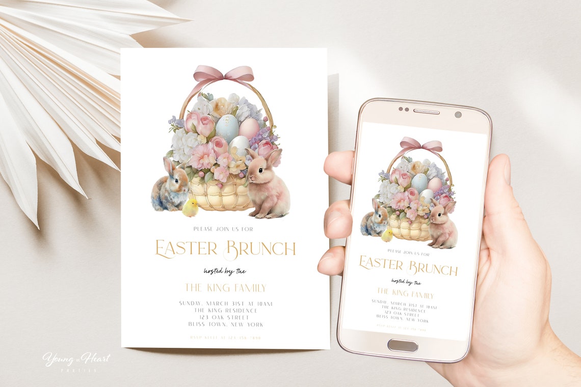 Watercolor Easter Brunch Invitation Basket Bunny Egg Hunt Party Print - Image 5