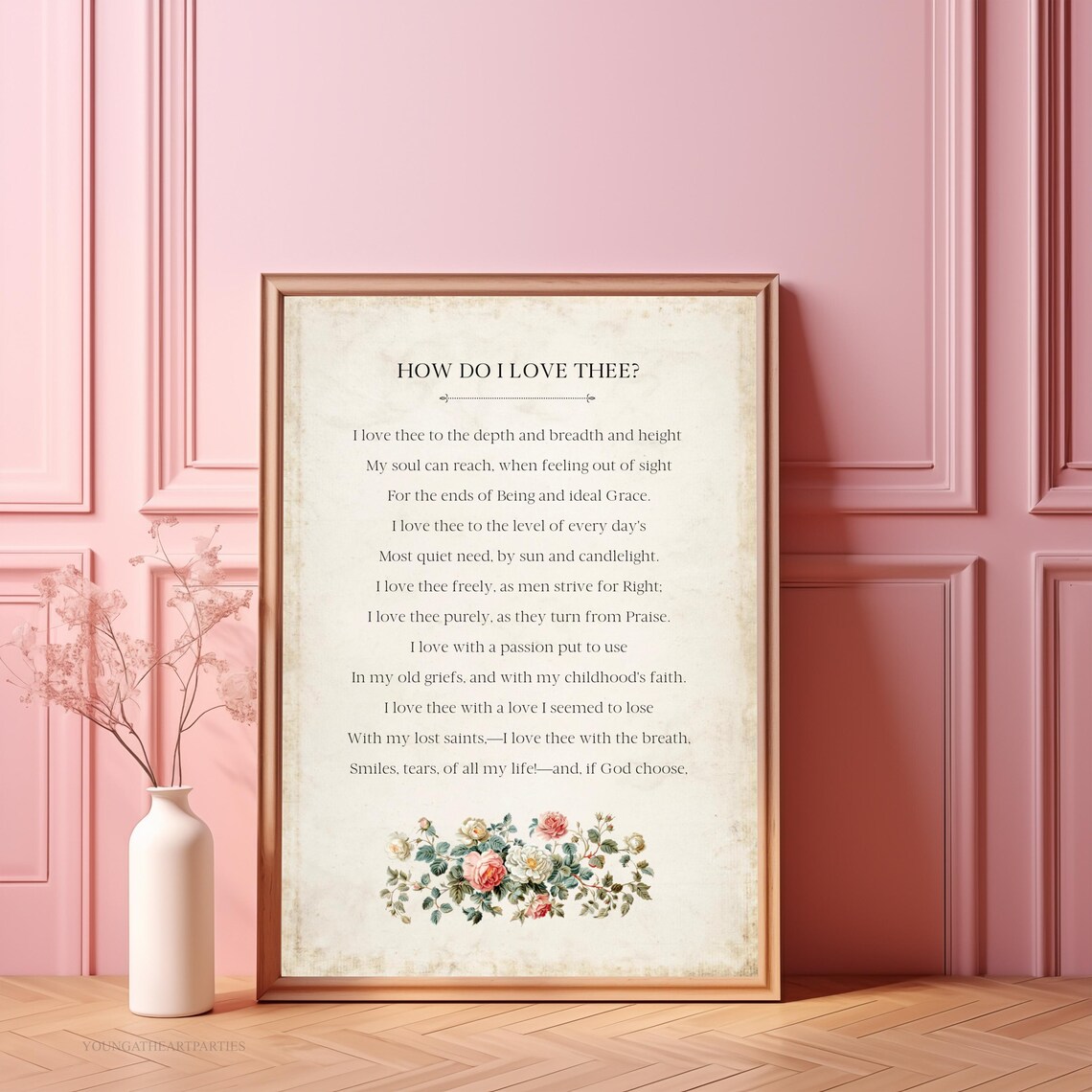 How Do I Love Thee Poem with Floral Wreath Literary Wall Art