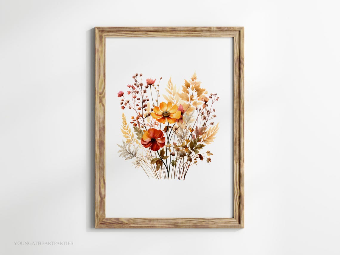 Colorful Fall Wildflower Bouquet Art Print Autumn Botanical Wall Decor