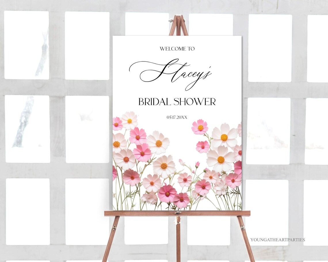 Pink Cosmos Love In Bloom Bridal Shower Welcome Sign Editable Print