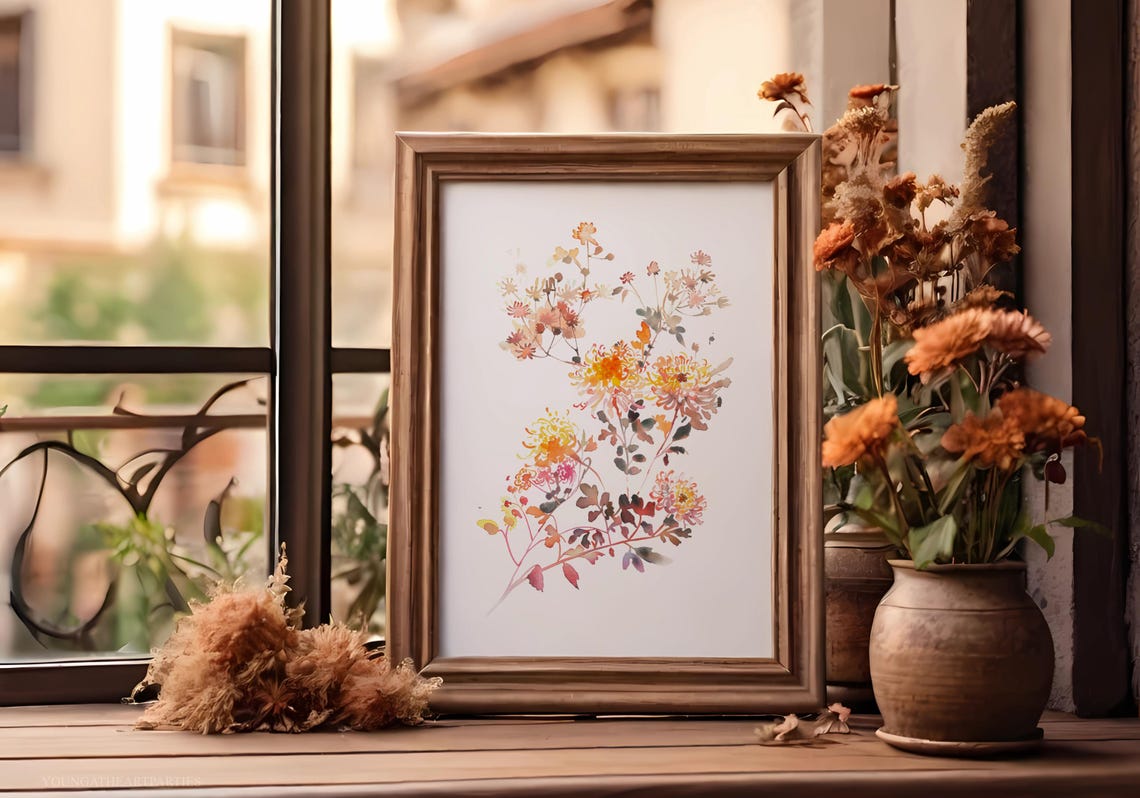 Soft Fall Watercolor Floral Art Print Autumn Chrysanthemum Wall Decor - Image 6