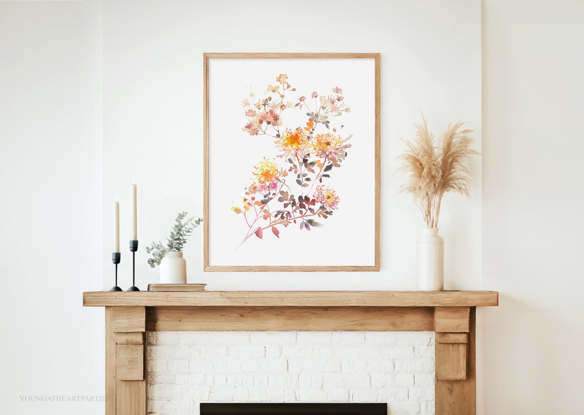 Soft Fall Watercolor Floral Art Print Autumn Chrysanthemum Wall Decor - Image 3