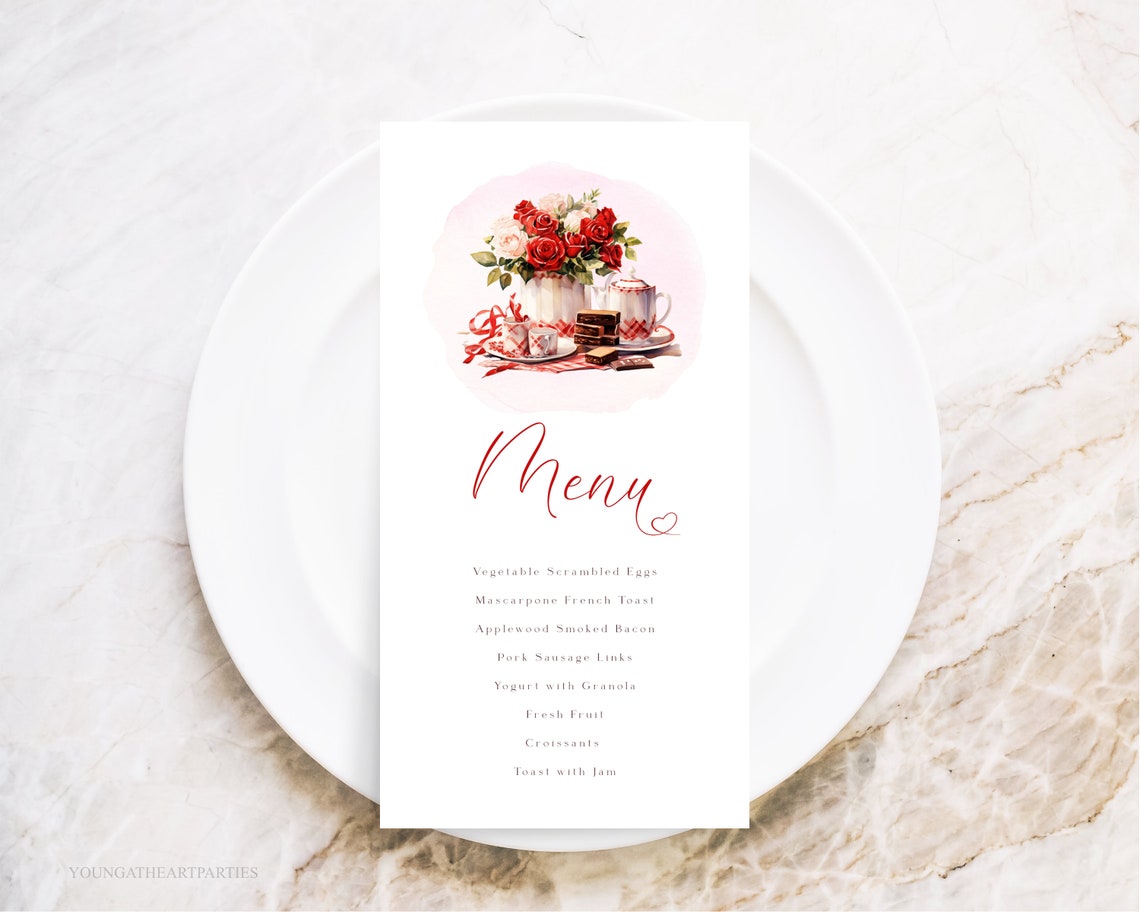Red and White Rose Brunch Menu Card Watercolor Invitation Print