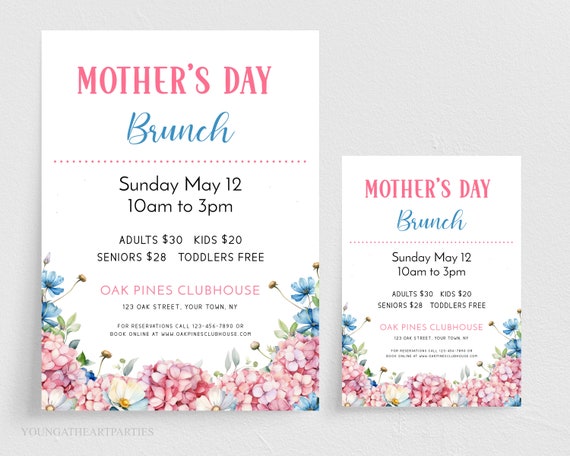 Pink Hydrangea Mothers Day Brunch Flyer Template Editable Mothers Day Breakfast Poster Invitation Mums Day Celebration Advertisement